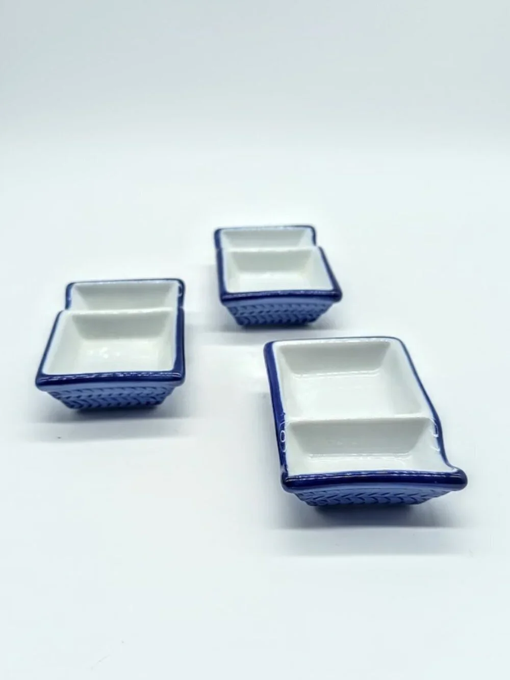 Set of 3 Pier 1 Divided Condiment Sauce Porcelain Dishes